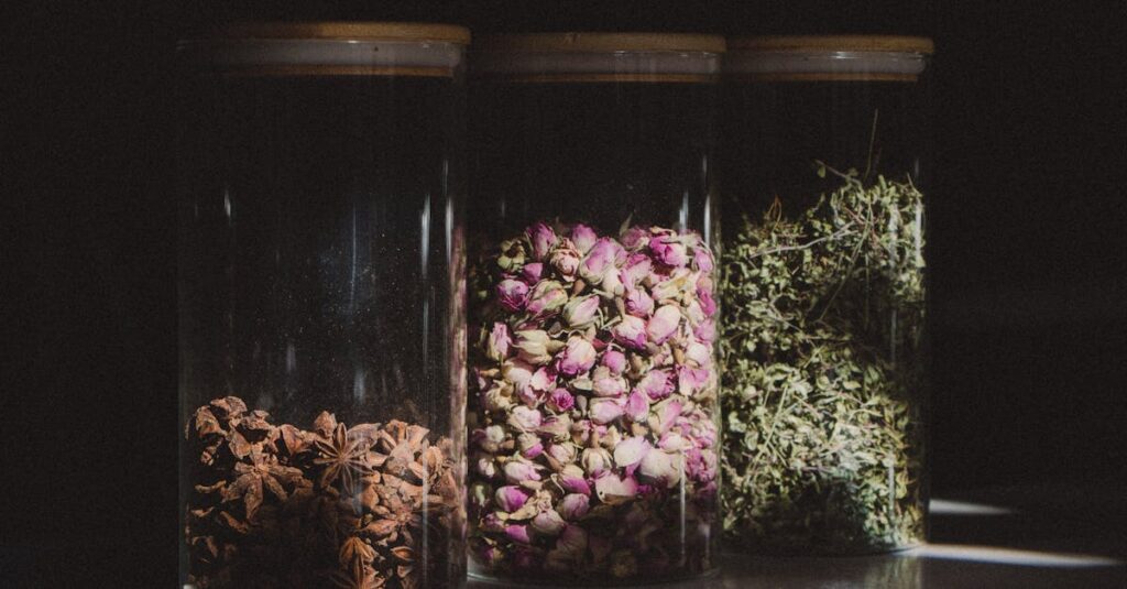pexels-photo-15666789-15666789 Three glass jars containing star anise, dried rosebuds, and herbs beautifully lit.